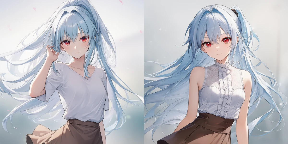 AIイラストにおける通常ブラウスとフリル装飾ブラウスの再現性の差異を現す作例