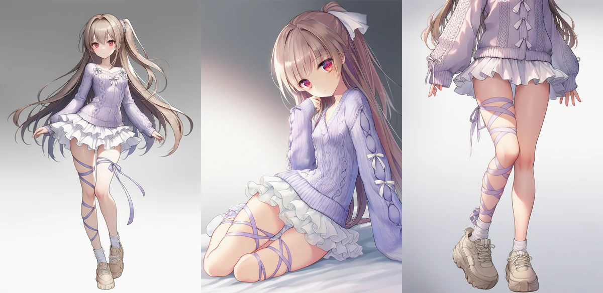 パープルリボンカーディガンとホワイトティアードスカート|AI生成のバレエコアファッション
