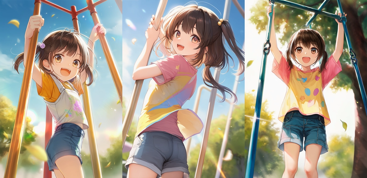 雲梯で遊ぶ女の子のAIイラスト｜公園遊具プロンプト