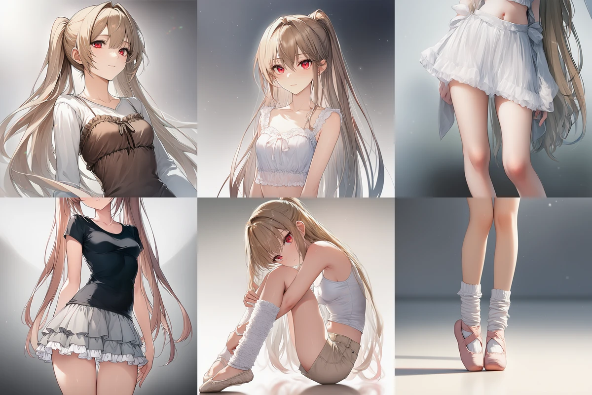 バレエコアの主要アイテム(ビスチェ・チュールトップス・フリルスカート・レッグウォーマー・バレエシューズ)のAIイラスト