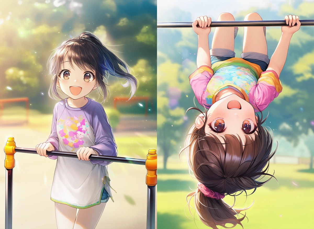 鉄棒で遊ぶ・逆上がりをする女の子のAIイラスト｜公園遊具プロンプト