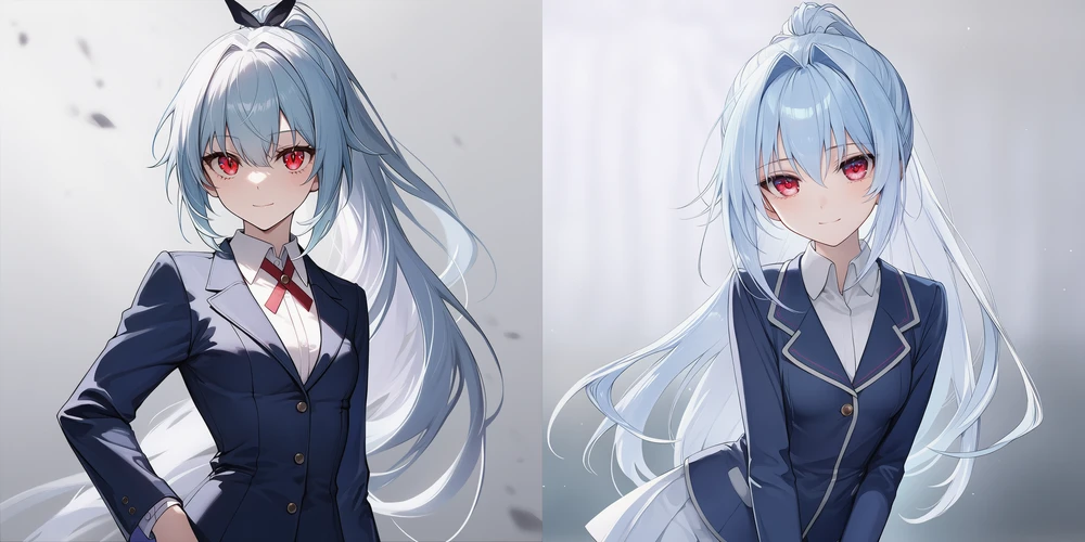 AIイラストにおける通常ブレザーとパイピング装飾ブレザーの再現性の差異を現す作例