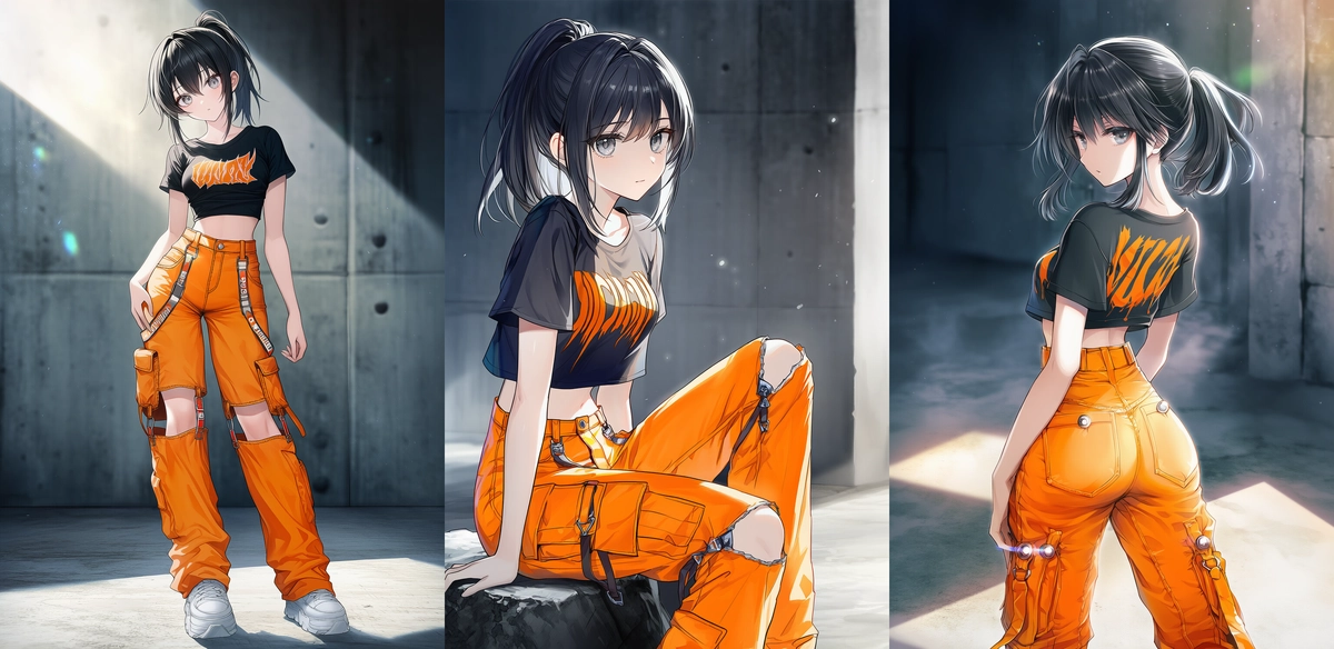 グラフィッククロップドTシャツ × オレンジカーゴパンツ × 厚底スニーカー（派手カラー系）｜へそ出しコーデのプロンプト