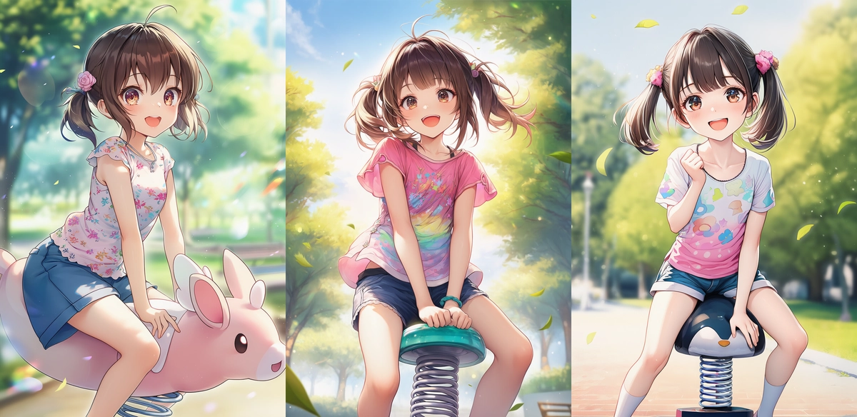 スプリング遊で遊ぶ女の子のAIイラスト｜公園遊具プロンプト