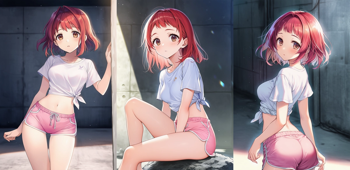 ドローストリングクロップドTシャツ × ピンクショートパンツ（スポーティカジュアル系）｜へそ出しコーデのプロンプト