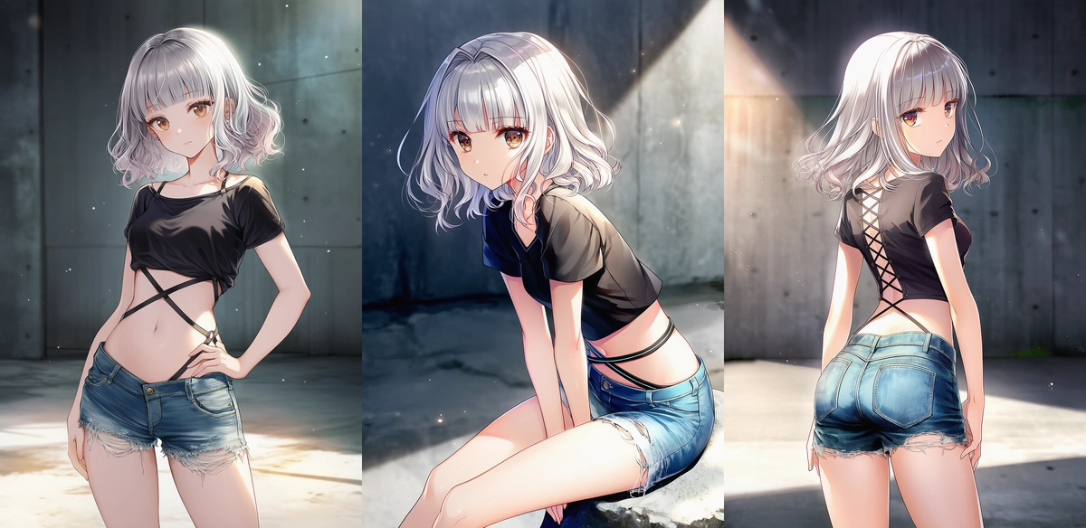 ストラップ付きクロップトップ × デニムショートパンツ（カジュアル系）｜へそ出しコーデのプロンプト