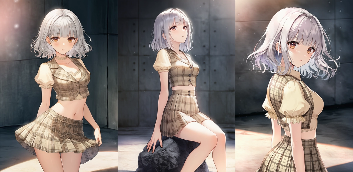 チェック柄ベスト × プリーツスカート（ガーリー系）｜へそ出しコーデのプロンプト