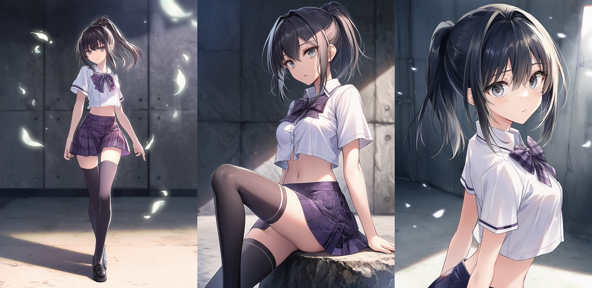 クロップド制服ブラウス × チェックプリーツスカート（スクール風コーデ）｜へそ出しコーデのプロンプト