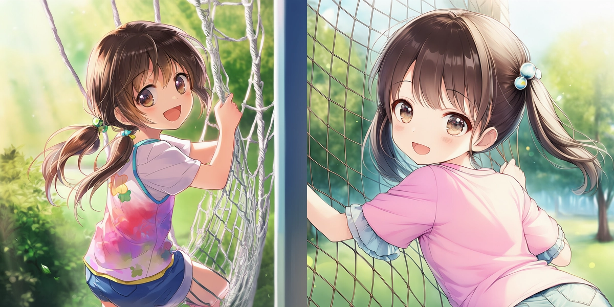 ロープの登りネットで遊ぶ女の子のAIイラスト｜公園遊具プロンプト
