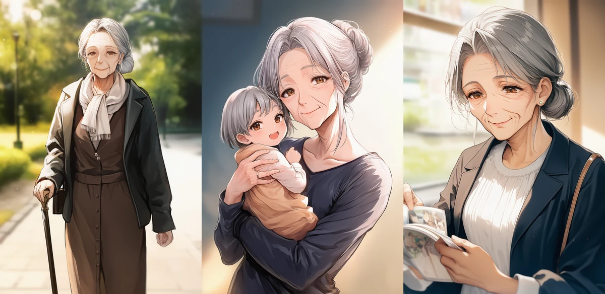 高齢女性の様子を再現したAIイラスト|年齢プロンプト紹介