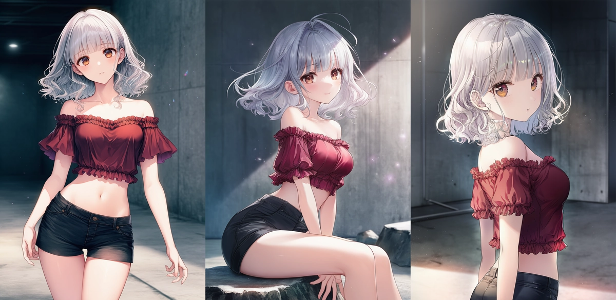 オフショルフリルトップ × 黒ショートパンツ（大人カジュアル系）｜へそ出しコーデのプロンプト