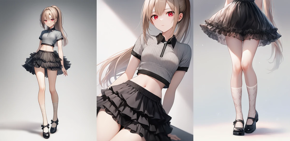 グレーリブニットポロと黒ティアードオーガンジースカート|AI生成のバレエコアファッション