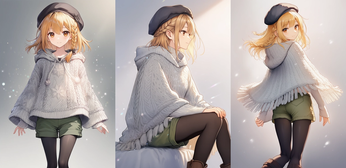 雪柄ポンチョ×グリーンショート｜森ガールプロンプト紹介