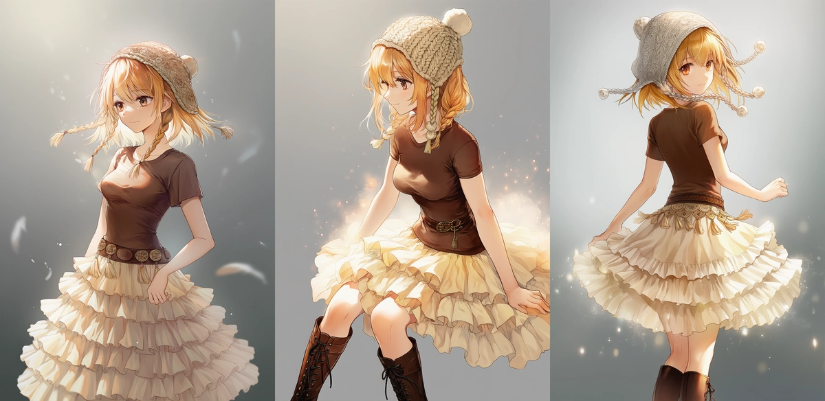 ポンポンボンネット×ラッフルスカート｜森ガールプロンプト紹介