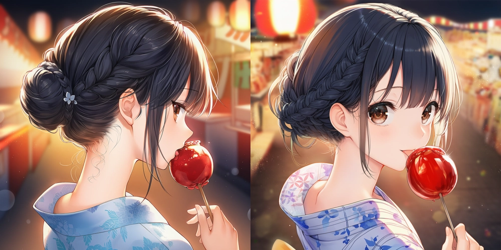 夏祭りの浴衣でうなじを見せる様子のAIイラスト