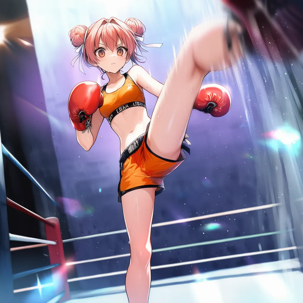 キックボクシングの試合で踵落としをする美少女AIイラストの作例