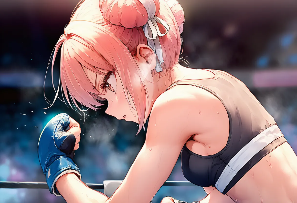 総合格闘技で試合中にファイティングポーズをとる美少女AIイラストの作例
