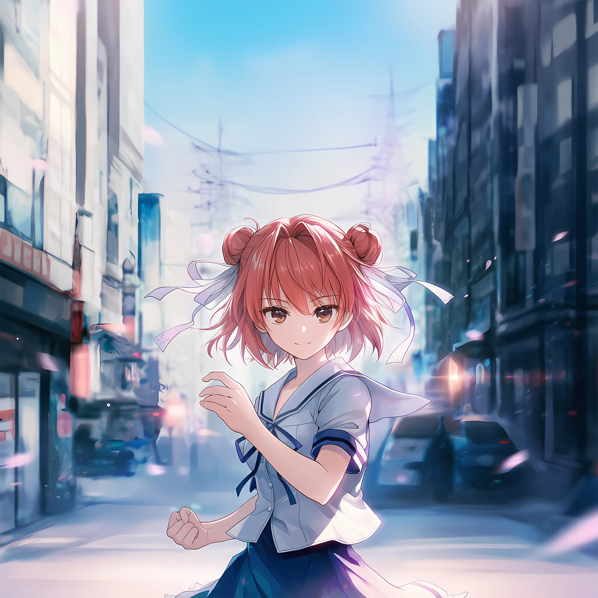 制服美少女が街中でファイティングポーズをとるAIイラストの作例