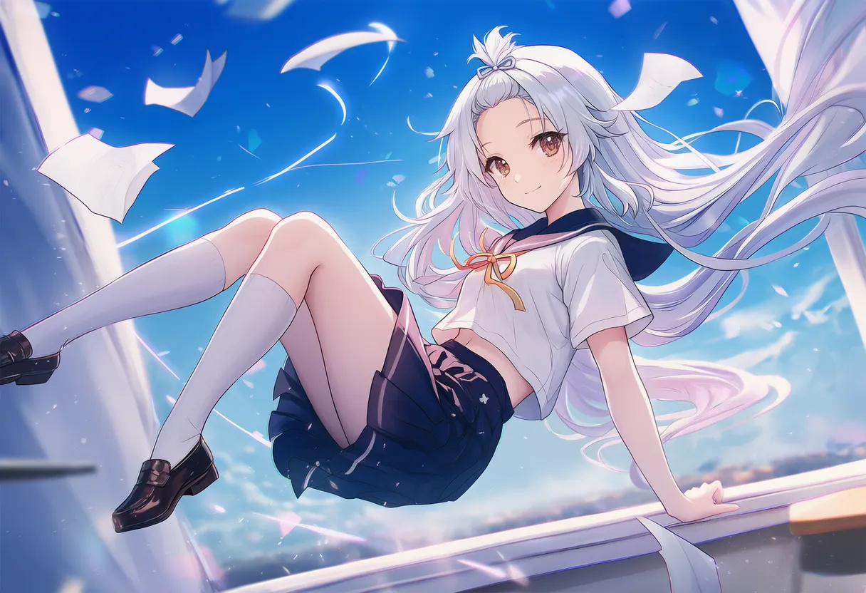 背面浮遊（膝を曲げて浮遊）する美少女AIイラスト｜プロンプト紹介