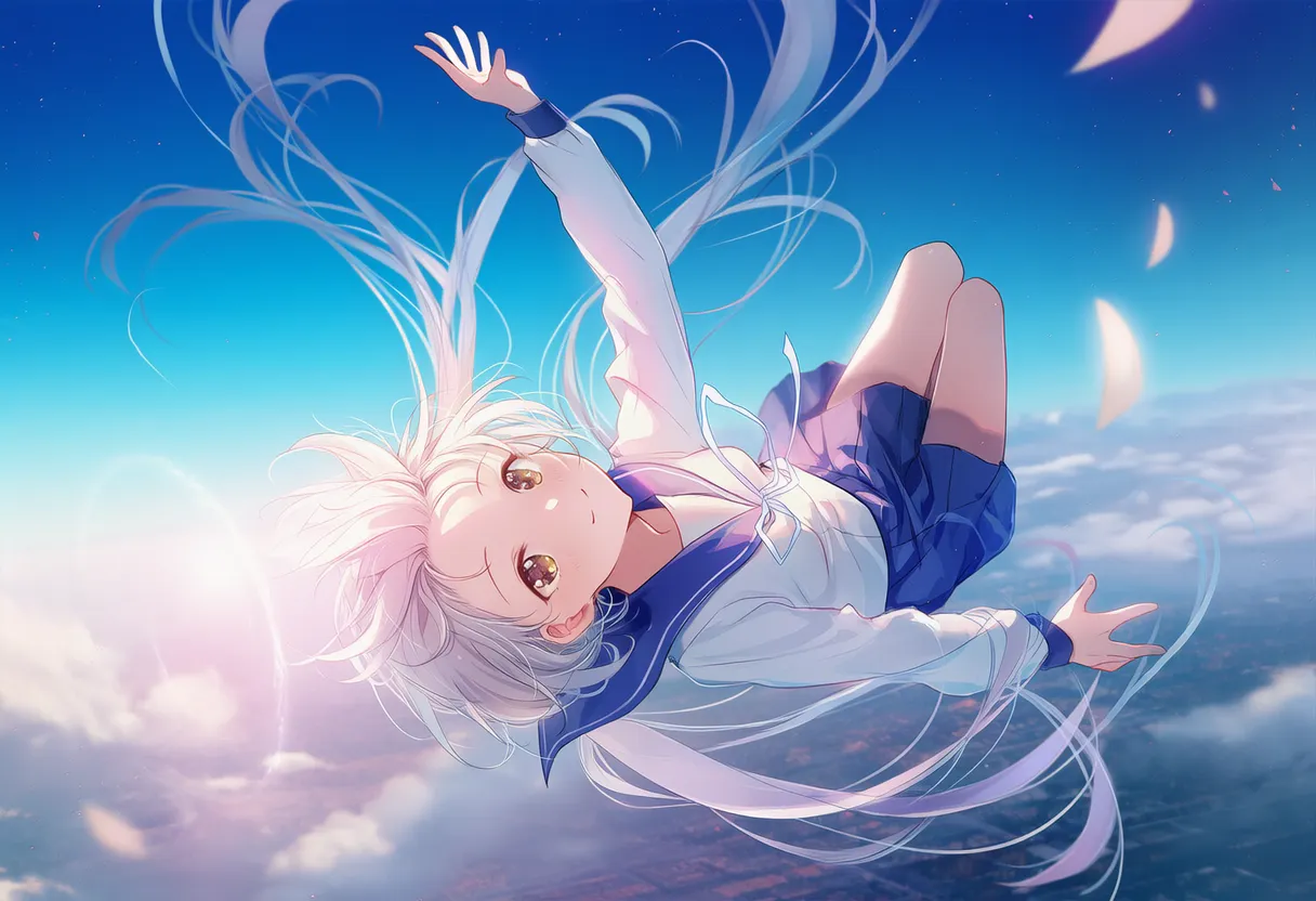 背面飛行をする美少女AIイラスト｜プロンプト紹介