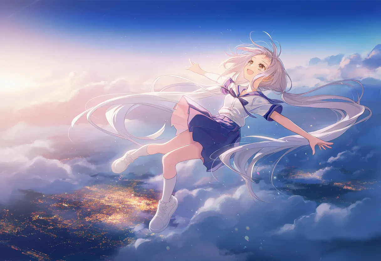 背面飛行をする美少女AIイラスト（作例２）｜プロンプト紹介