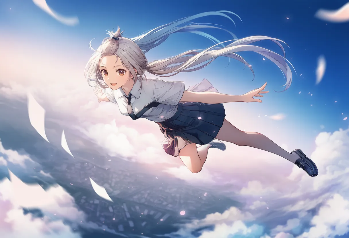 空を飛び、雲海を突き抜ける美少女AIイラスト｜プロンプト紹介