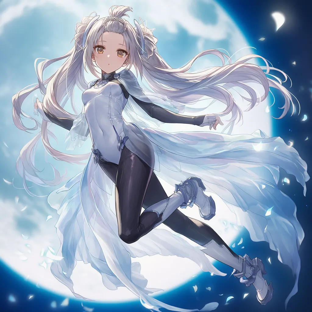 満月を背に空を飛ぶ美少女AIイラスト｜プロンプト紹介