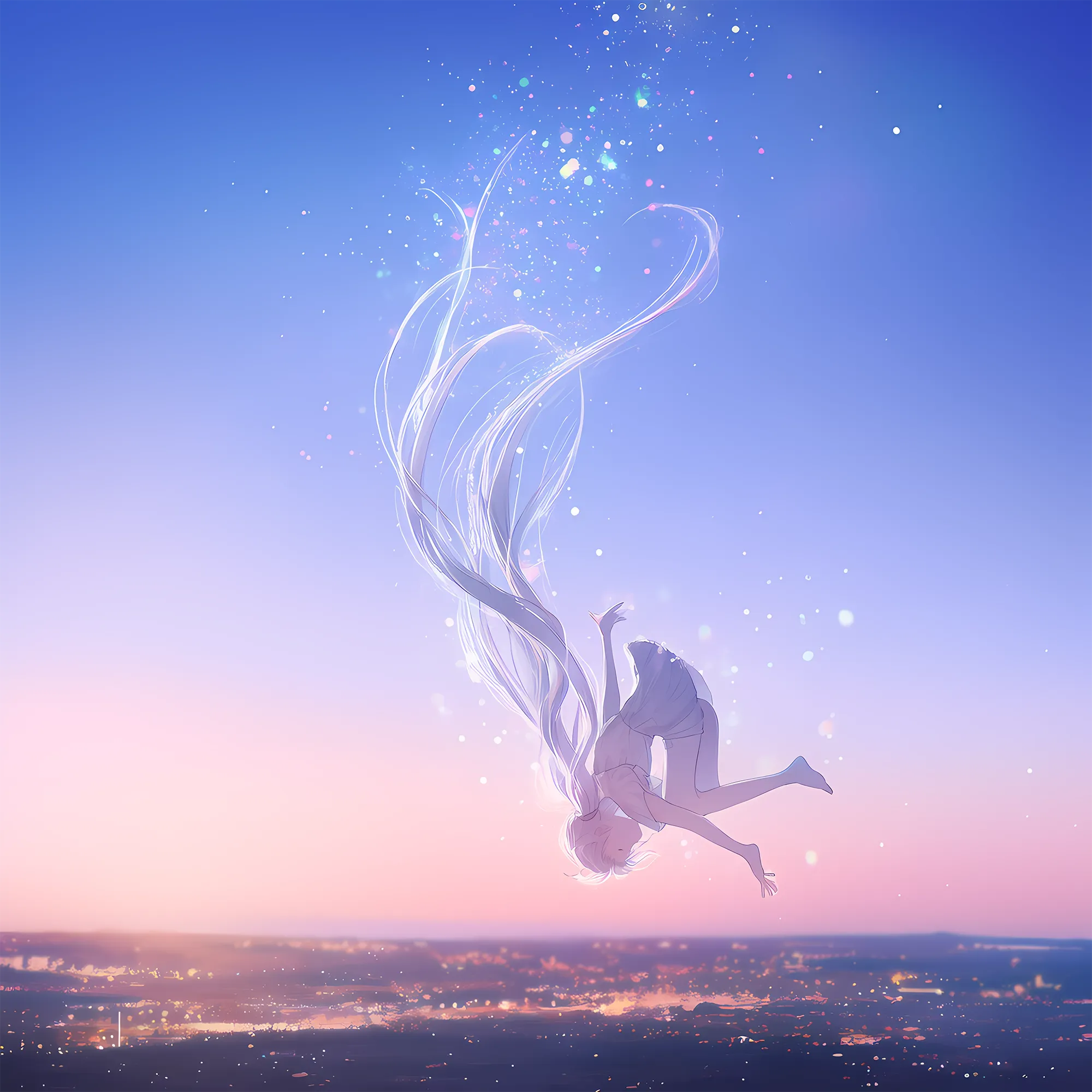 夕暮れの街で浮遊しながら落下する美少女AIイラスト｜プロンプト紹介