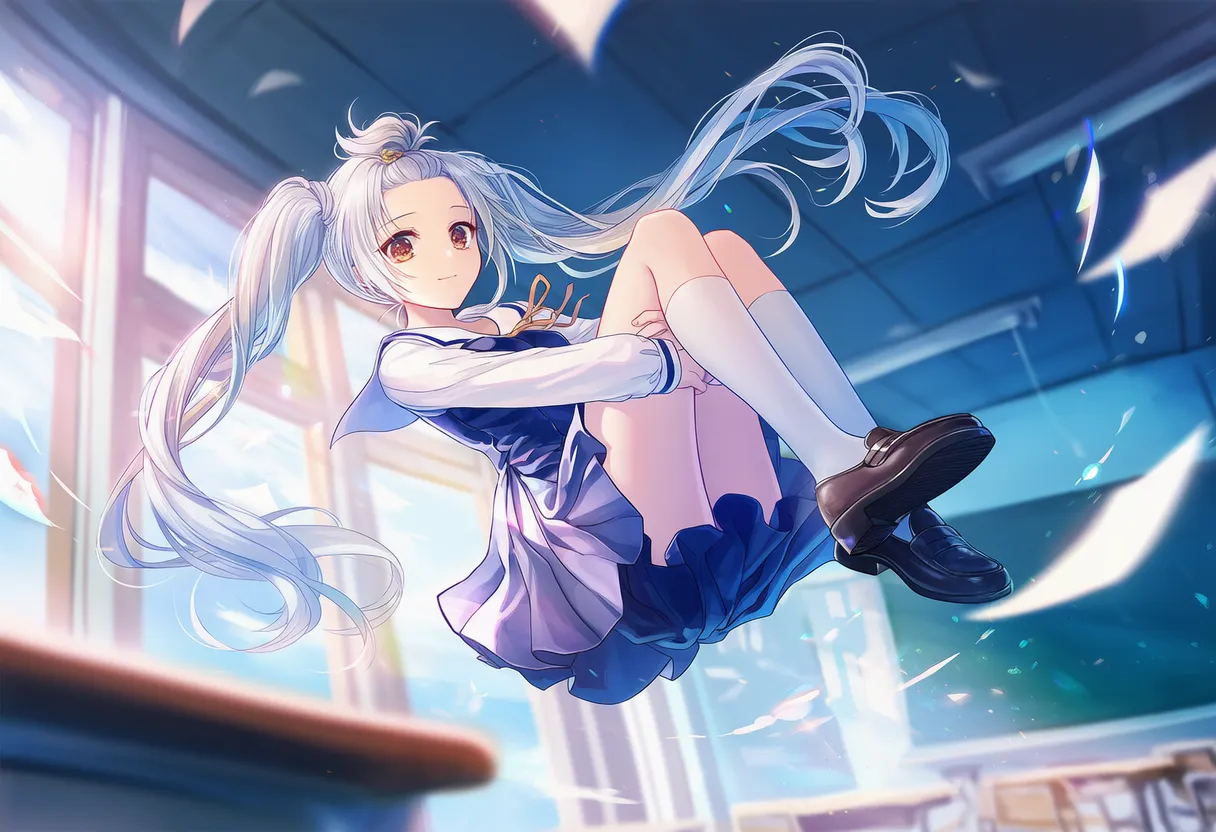 背面浮遊（仰向けで膝を抱えて浮遊）する美少女AIイラスト｜プロンプト紹介