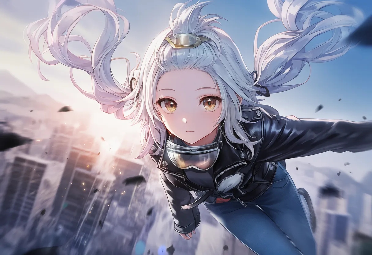ビルの谷間を縫う高速飛行の美少女AIイラスト｜プロンプト紹介