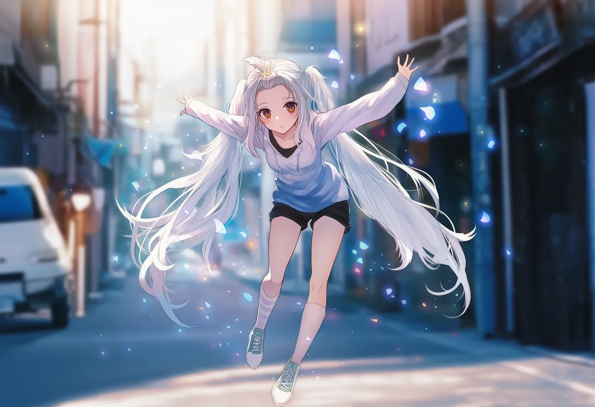 街で浮遊する美少女AIイラストの全身構図｜プロンプト紹介