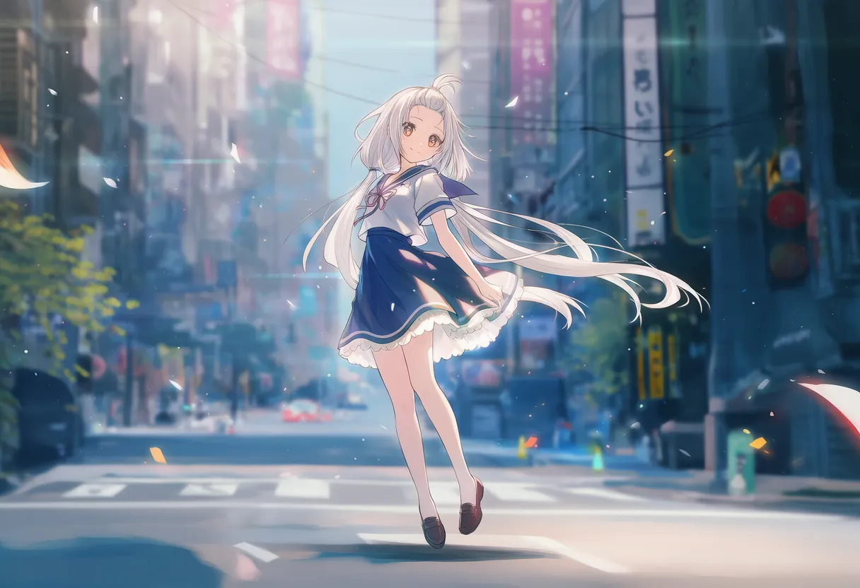 街で浮遊する美少女AIイラストの全身構図（作例２）｜プロンプト紹介