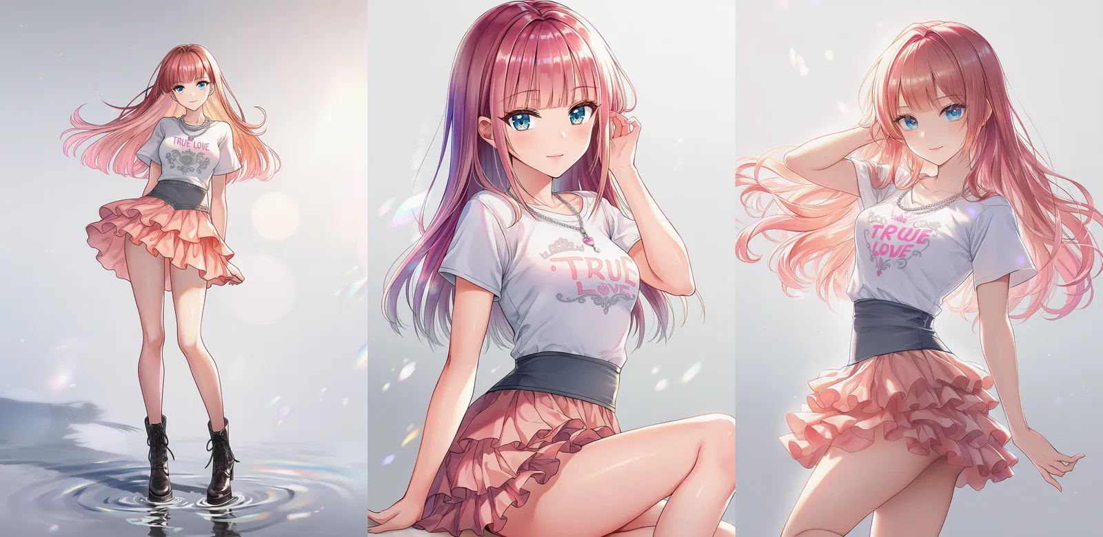 白ロゴTシャツとピンクフリルミニスカート|ギャルファッションのプロンプト