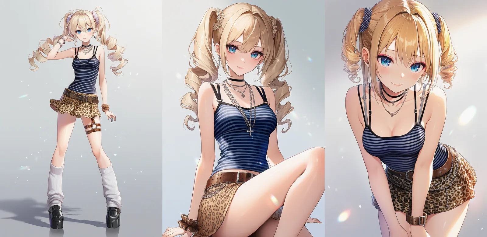 ボーダータンクとレオパードミニスカート|ギャルファッションのプロンプト