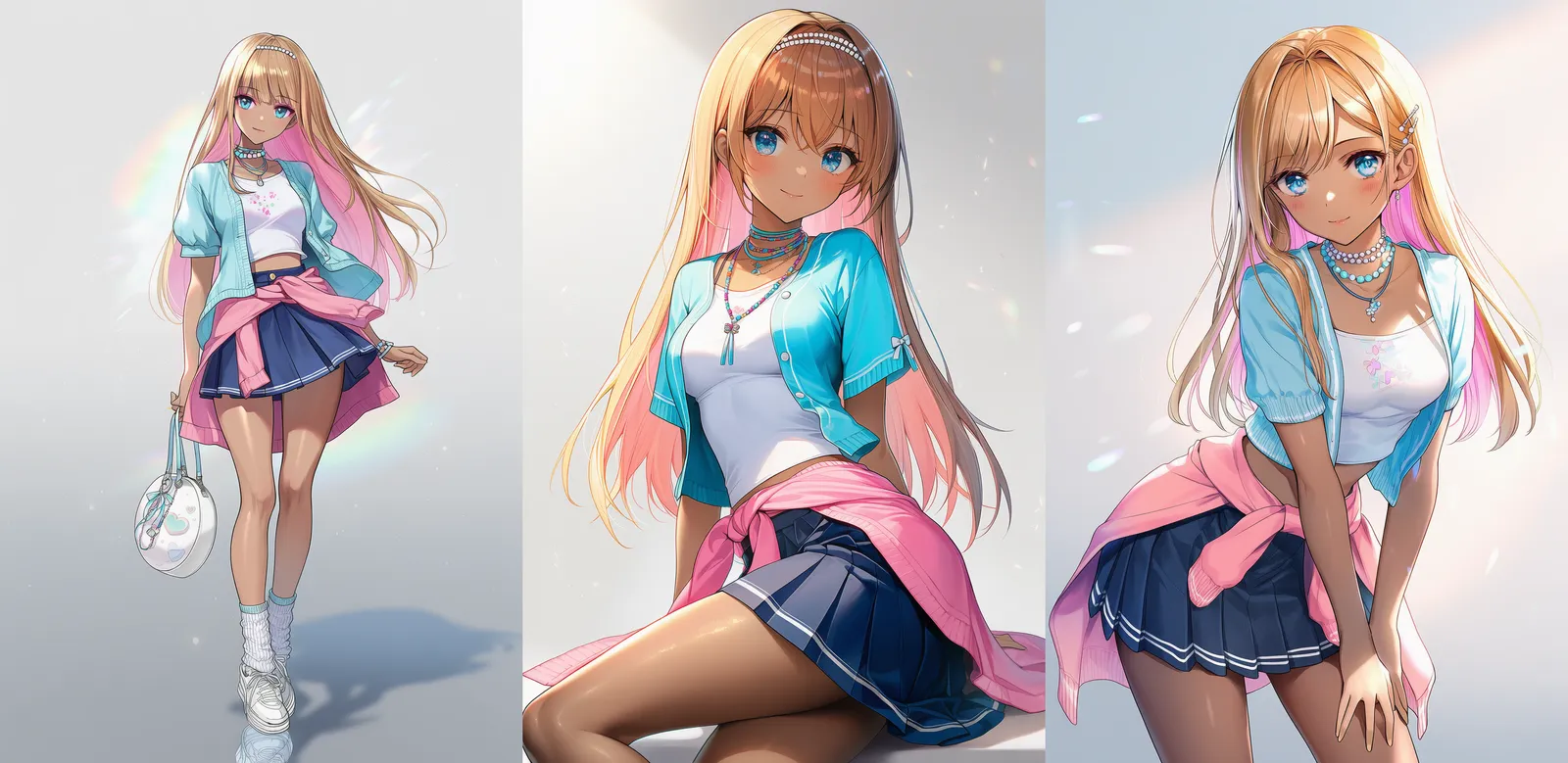 水色カーディガンとプリーツミニスカート|ギャルファッションのプロンプト