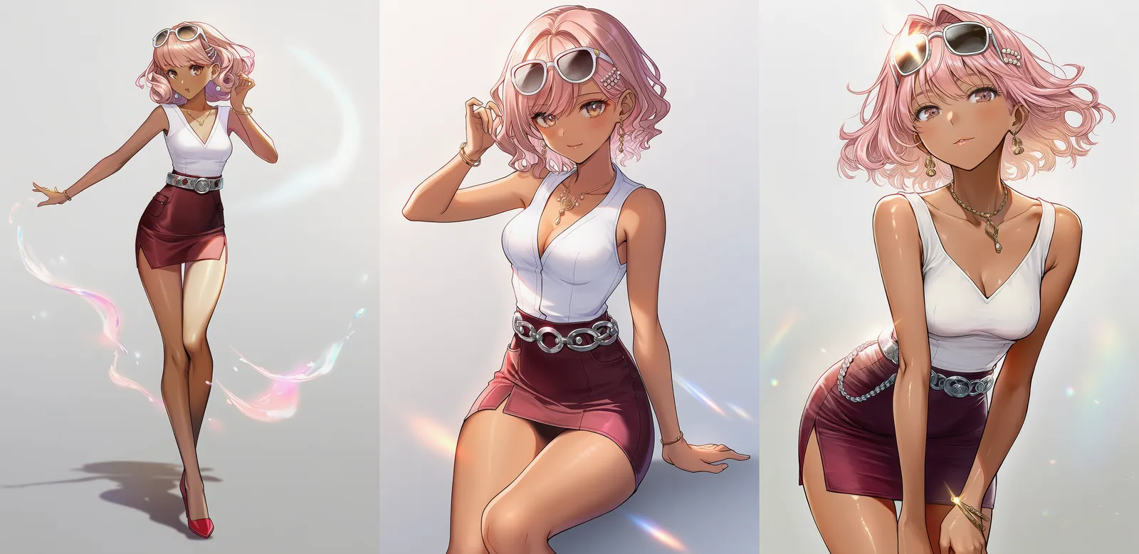 白Vネックタンクと赤ミニスカート|ギャルファッションのプロンプト