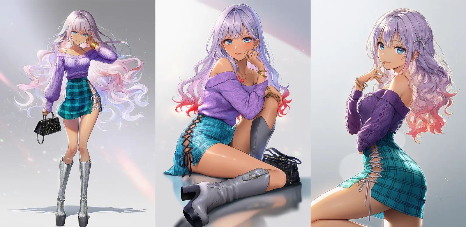 パープルリブニットとタータンチェックミニスカート|ギャルファッションのプロンプト