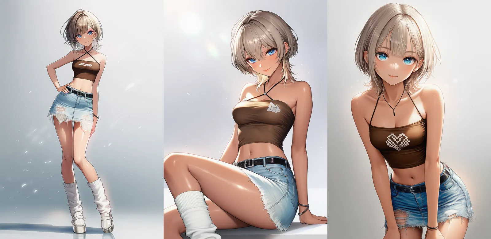 ブラウンロゴチューブトップとダメージデニムミニスカート|ギャルファッションのプロンプト