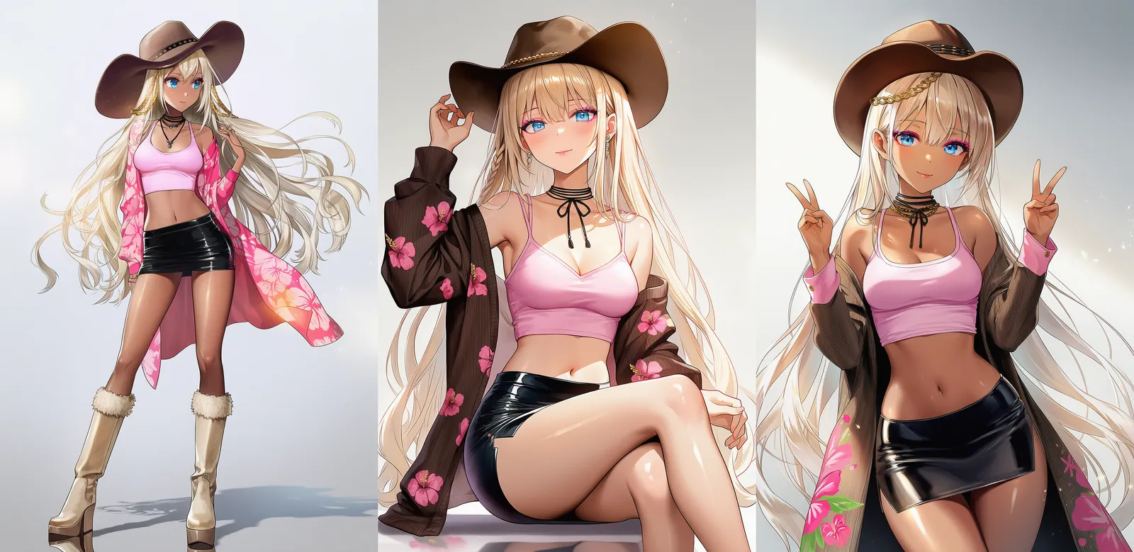 ハイビスカス柄ロングカーディガンと黒ミニスカート|ギャルファッションのプロンプト