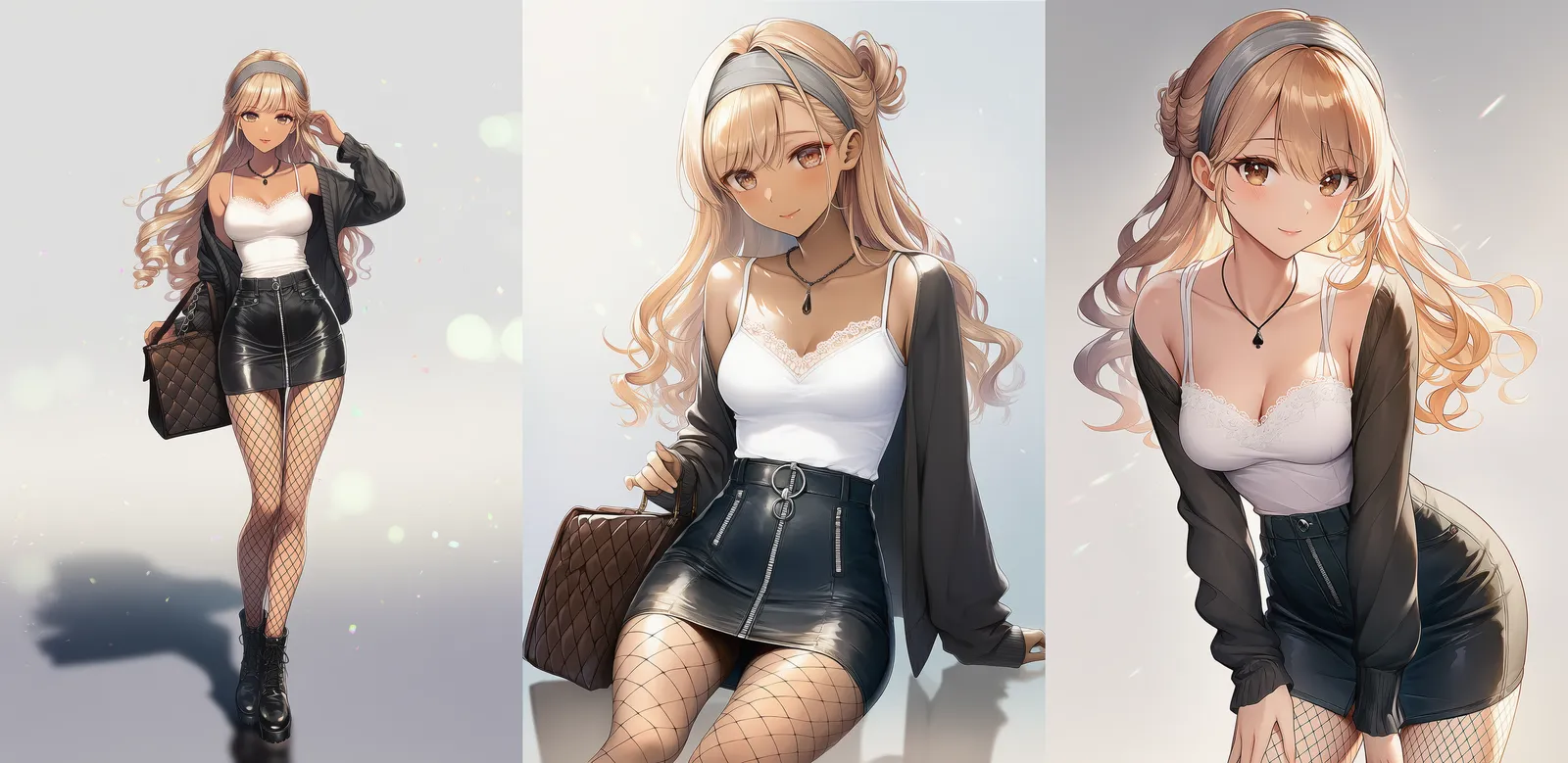 白キャミソールとレザーミニスカート|ギャルファッションのプロンプト