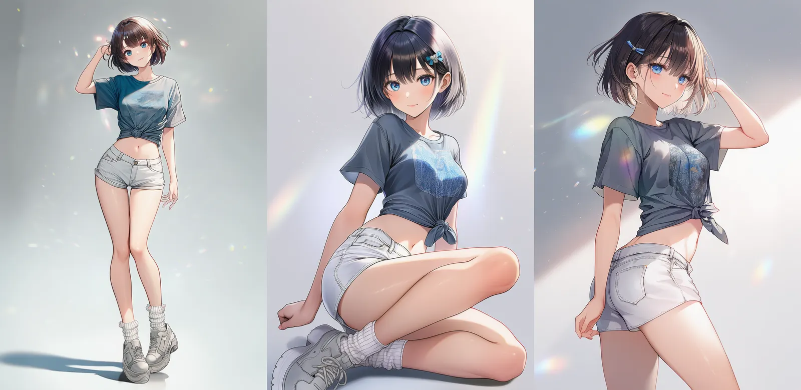 前結びロゴTシャツと白ショートパンツ|ギャルファッションのプロンプト