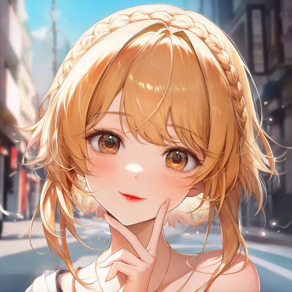 編み込みカチューシャ（キャラメルブロンド）｜ギャルの髪型プロンプト