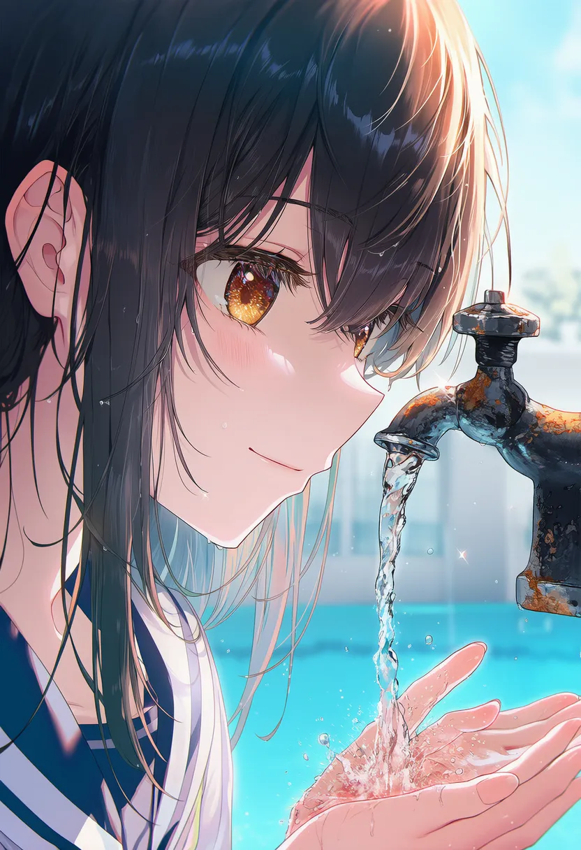 錆びた鉄の蛇口と水で手を洗う制服美少女|AIプロンプト紹介