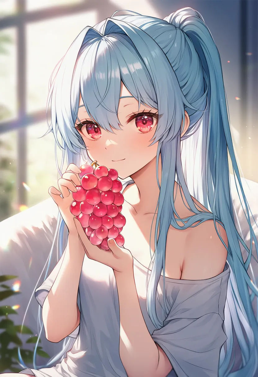 ぶどうを持つ美少女AIイラスト｜持ち物プロンプト紹介
