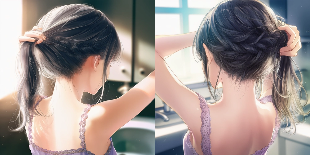朝の洗面所で身支度中の見えるうなじを再現したAIイラスト