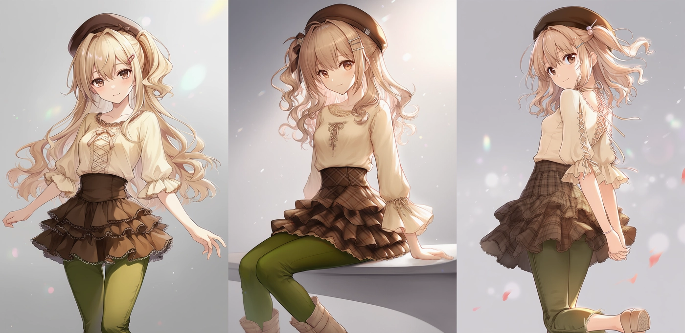 チェックミニ×フレアパンツ｜森ガールプロンプト紹介