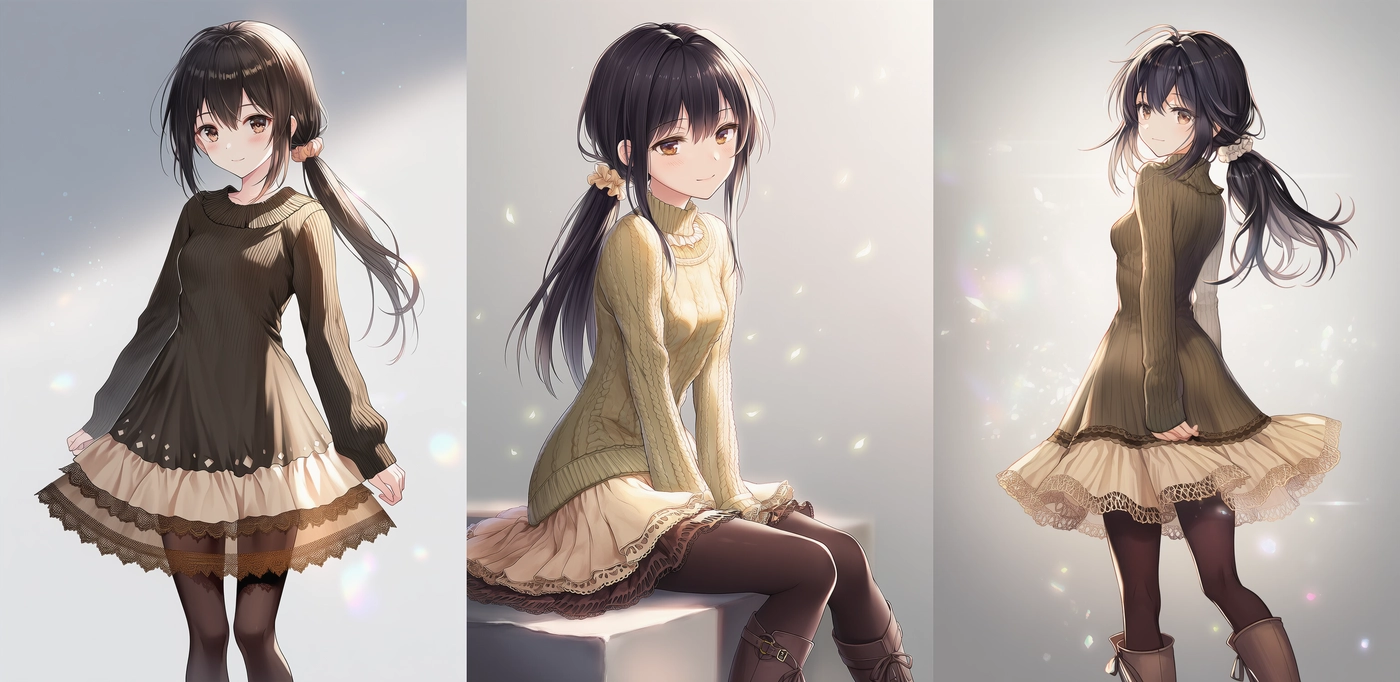 フリル襟ニットワンピ×リボンブーツ｜森ガールプロンプト紹介