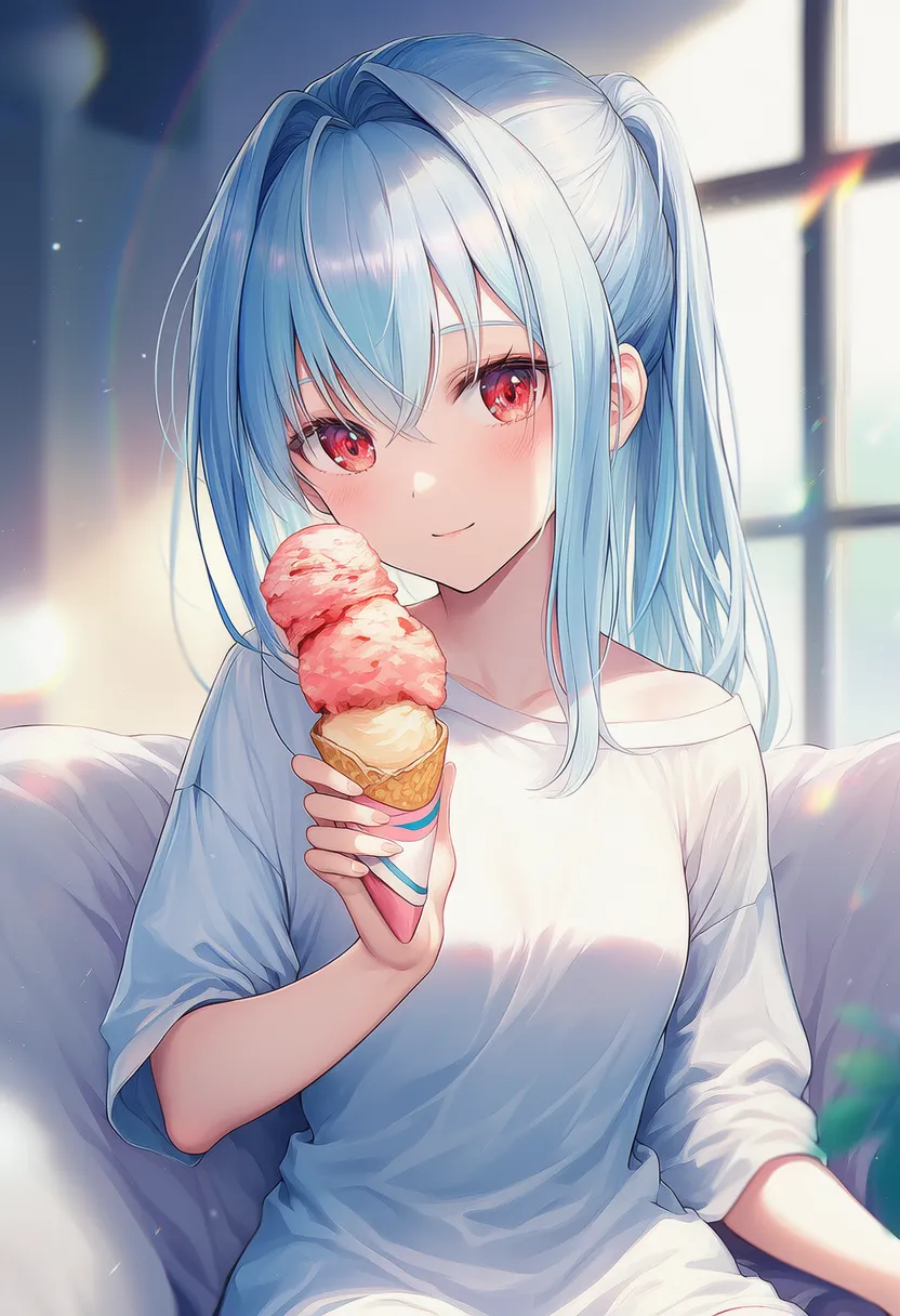 コーンアイスを持つ美少女AIイラスト｜持ち物プロンプト紹介