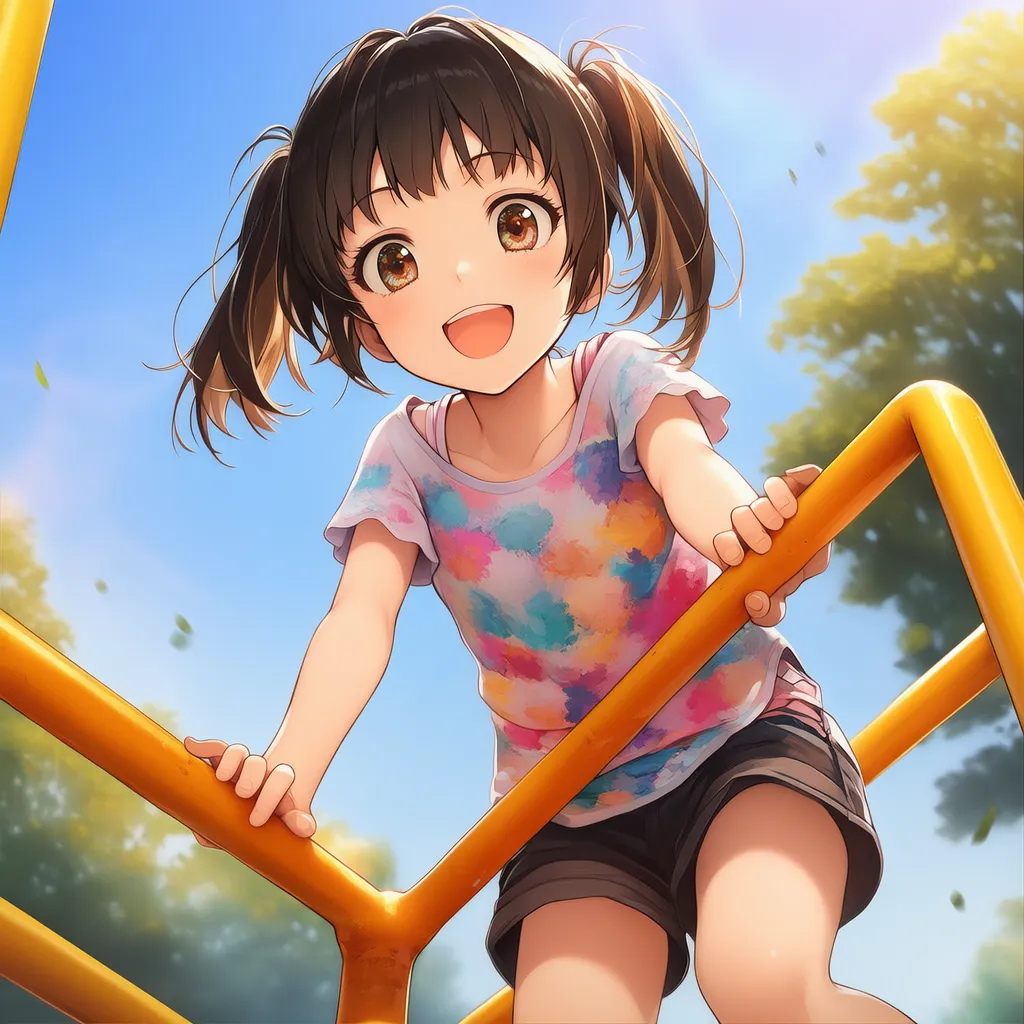 ジャングルジムで遊ぶ女の子のAIイラスト｜公園遊具プロンプト