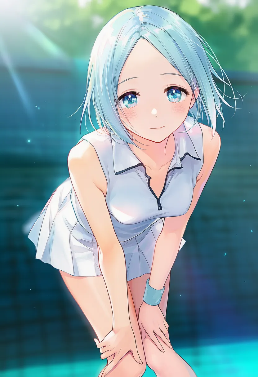 前かがみで膝に手をつく美少女AIイラスト｜プロンプト紹介